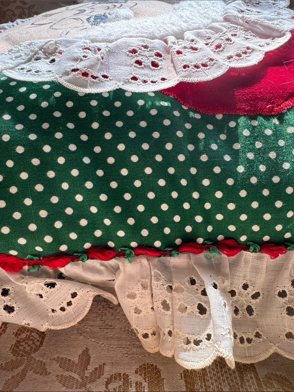Handcrafted Green Polka Dot Mrs. Claus Decorative Pillow